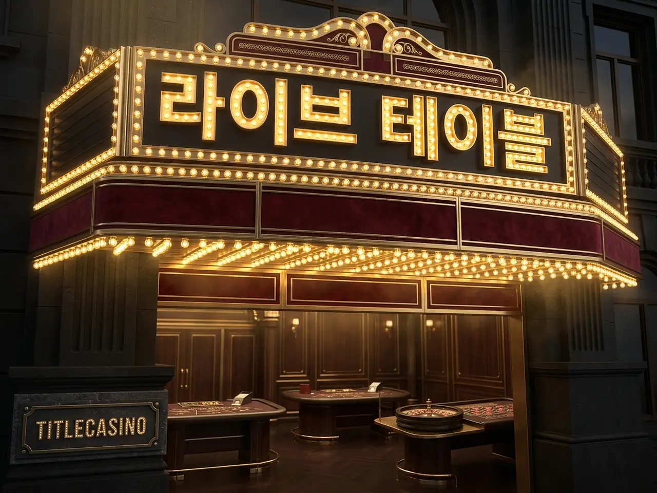 바카라와 블랙잭, 룰렛 테이블이 전구 사인 아래 나란히 배치된 라이브 게임 라인업, 좌하단 영문 로고가 보이는 장면