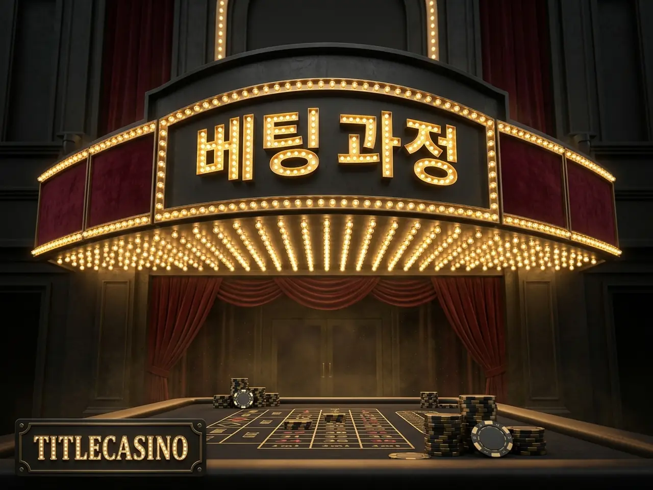 게임 테이블과 베팅 옵션이 전구 조명 아래 표시된 베팅 화면 안내 비주얼, 화면 모서리에 영문 로고가 새겨진 모습