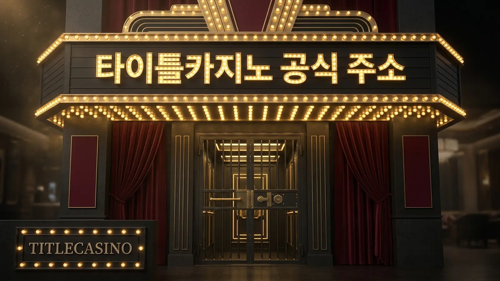 방향을 가리키는 전구 사인과 함께 공식 접속 주소가 안내된 메인 비주얼, 안내 패널에 타이틀카지노 영문 로고가 새겨진 장면