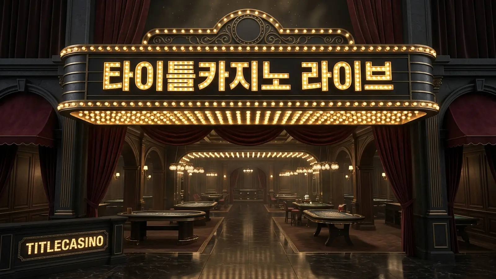 딜러가 선 바카라 테이블 위로 전구 조명이 쏟아지는 타이틀카지노 라이브 카지노 메인 화면, 펠트에 영문 로고가 각인된 모습