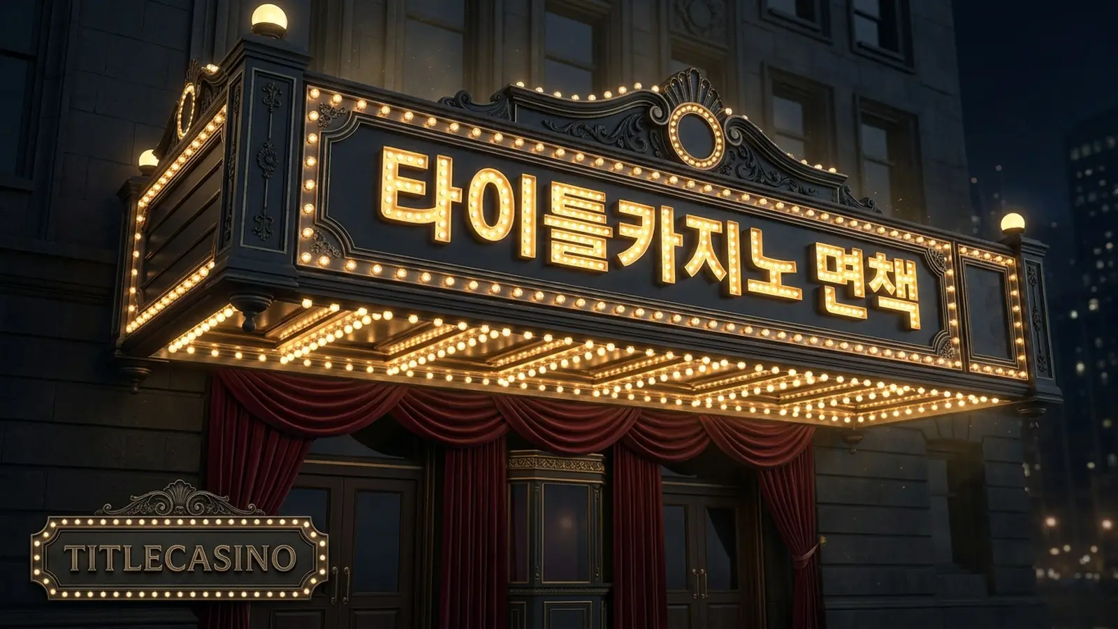 책임 범위의 경계가 전구 조명 아래 차분하게 표현된 면책 안내 메인 비주얼, 좌하단에 타이틀카지노 영문 로고가 보이는 장면