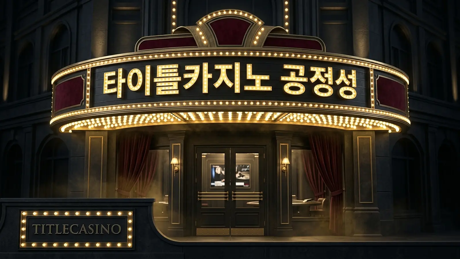 공정한 게임과 직통 송출을 상징하는 무대가 전구 사인 아래 표현된 타이틀카지노 공정성 메인 비주얼, 좌하단에 영문 로고가 새겨진 장면
