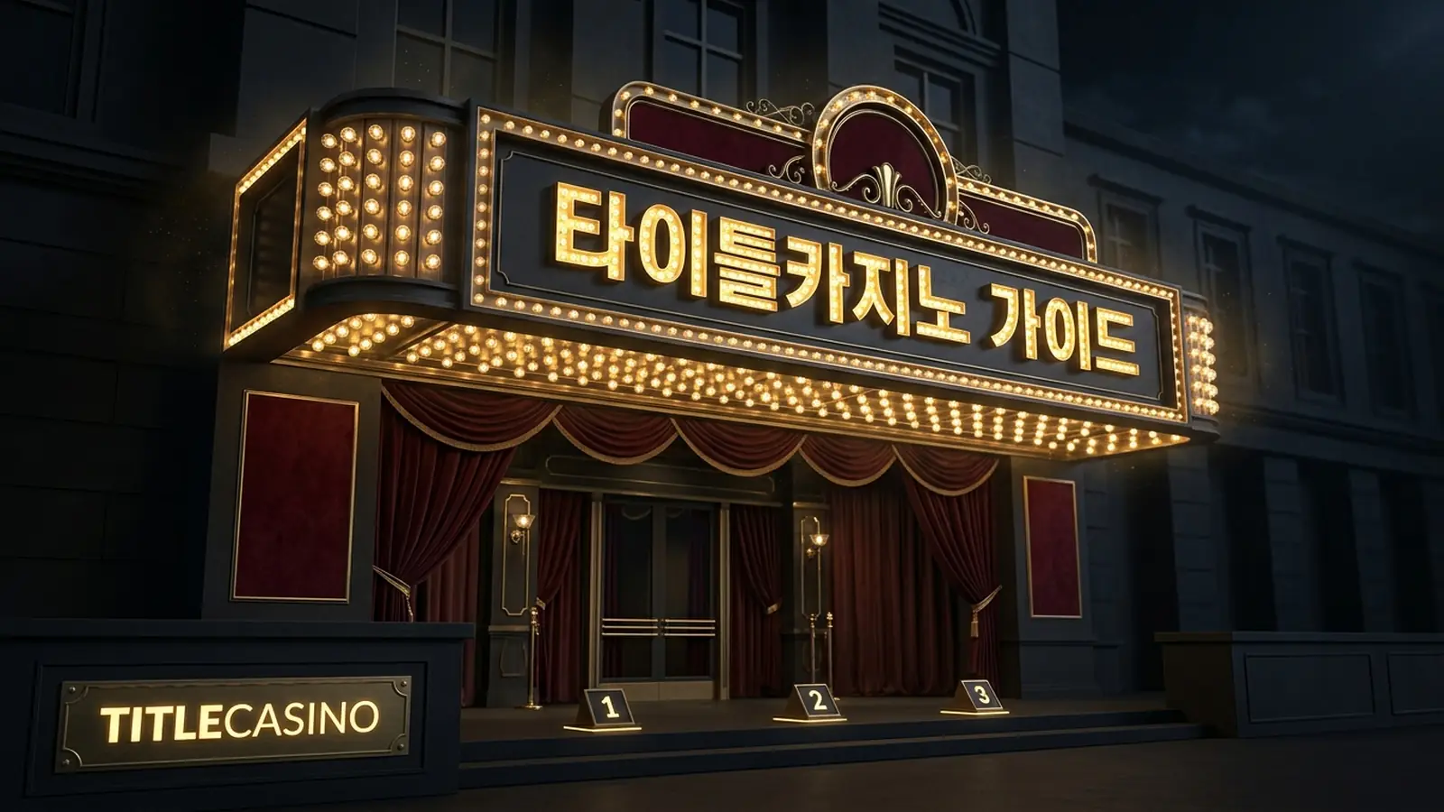 입금과 베팅, 환전 단계를 가리키는 전구 사인 아래 안내판이 놓인 이용 가이드 메인 비주얼, 좌하단에 타이틀카지노 영문 로고가 보이는 장면