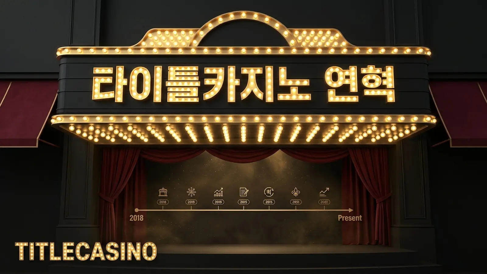 2018년부터 이어지는 발자취가 전구 사인 아래 연대표로 표현된 타이틀카지노 연혁 메인 비주얼, 좌하단에 영문 로고가 새겨진 장면