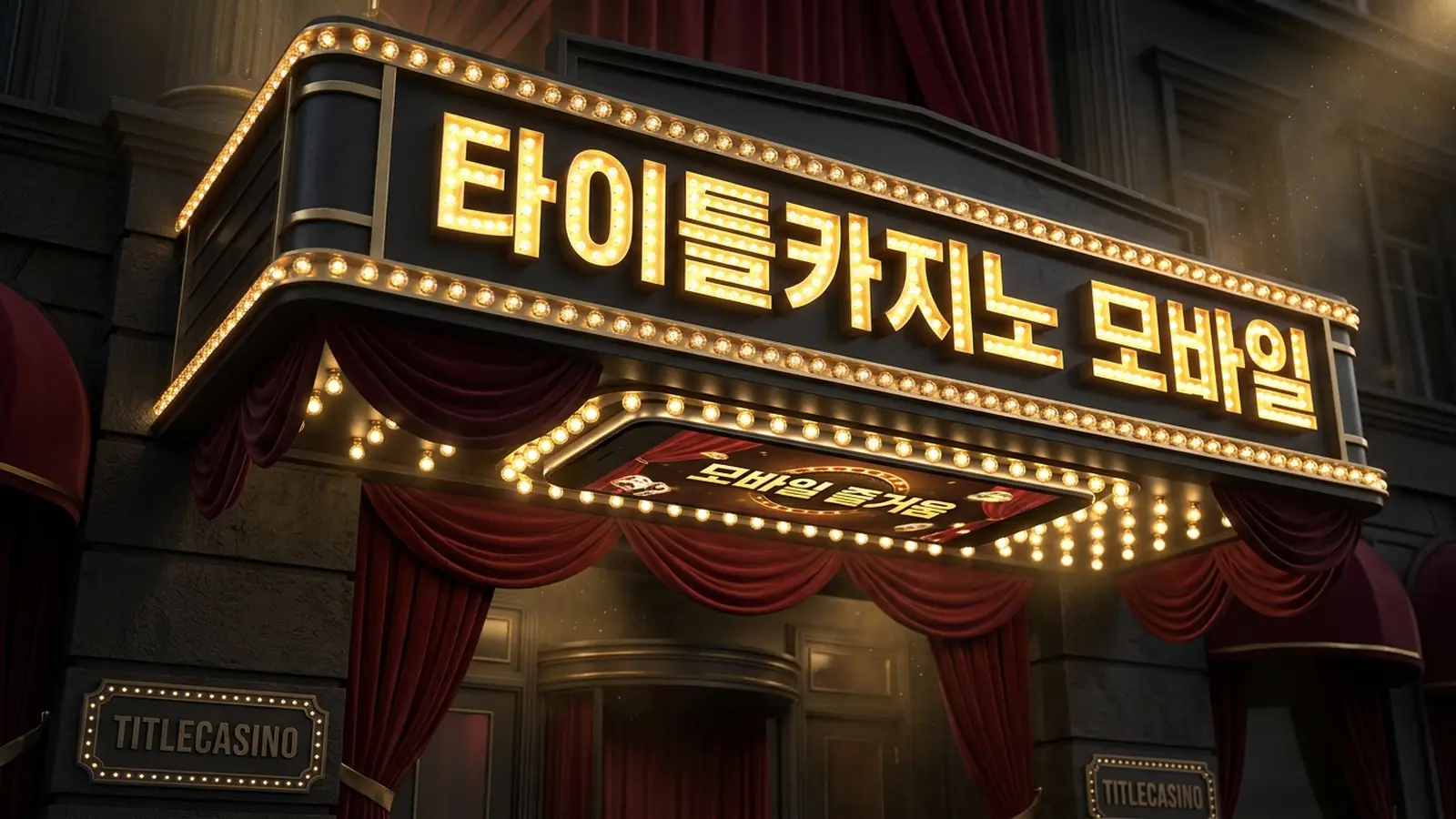 손에 든 단말 화면에 게임과 전구 사인이 비치는 타이틀카지노 모바일 메인 비주얼, 베젤에 영문 로고가 새겨진 장면