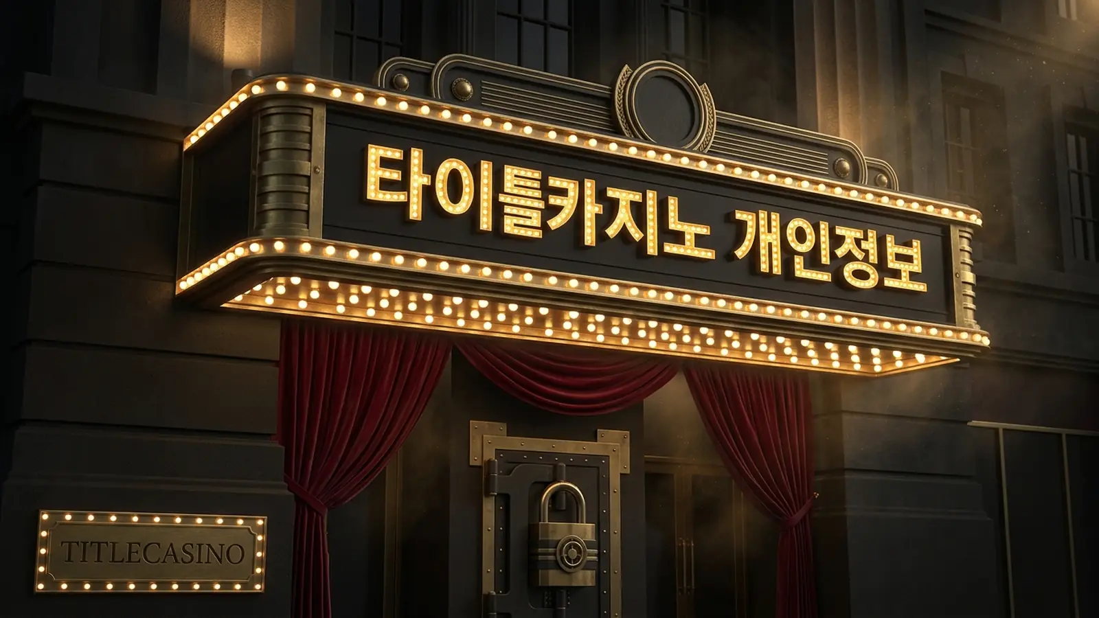 정보 보호를 상징하는 자물쇠와 패널이 전구 조명 아래 표현된 개인정보처리방침 메인 비주얼, 좌하단에 영문 로고가 보이는 장면