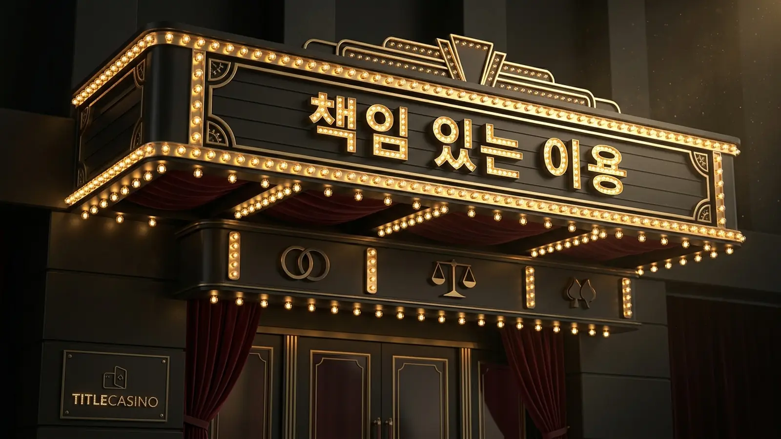 건전한 이용을 상징하는 균형 잡힌 무대가 전구 조명 아래 차분하게 표현된 책임도박 안내 메인 비주얼, 좌하단에 영문 로고가 보이는 장면
