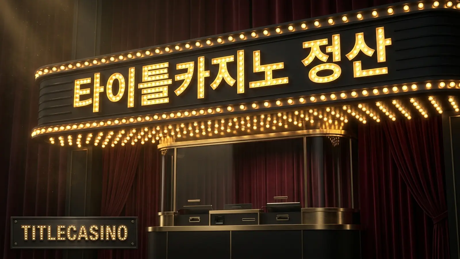 빠른 환전 카운터가 전구 사인 아래 놓인 타이틀카지노 정산 메인 비주얼, 좌하단에 영문 로고가 새겨진 장면