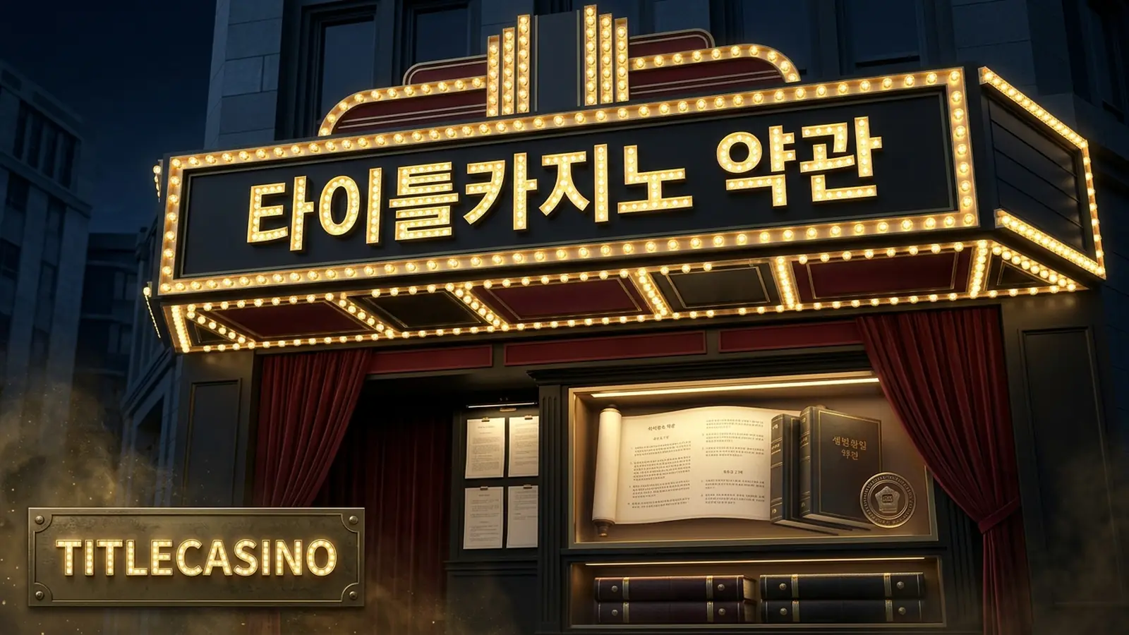 약관 조항과 문서가 전구 사인 아래 차분하게 표현된 이용약관 메인 비주얼, 좌하단에 타이틀카지노 영문 로고가 새겨진 장면
