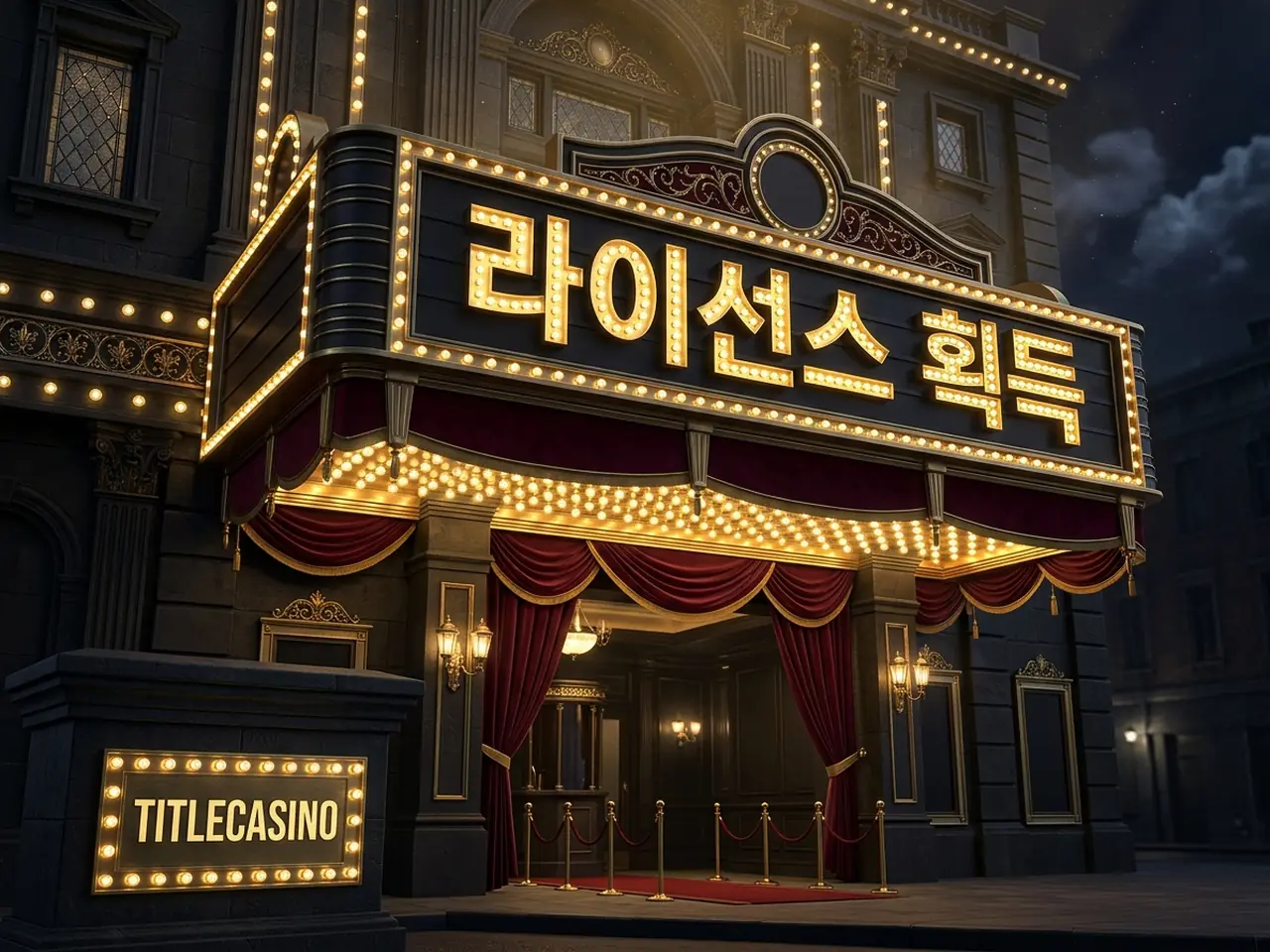 인증 문서와 송출 회선이 전구 조명 아래 표현된 라이선스 도약 비주얼, 좌하단에 영문 로고가 보이는 장면