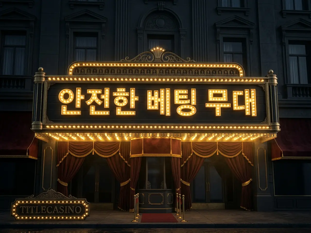 벨벳 객석과 전구 사인 아래 안전 운영 지표가 표시된 무대 전경, 좌하단에 영문 로고가 음각된 장면