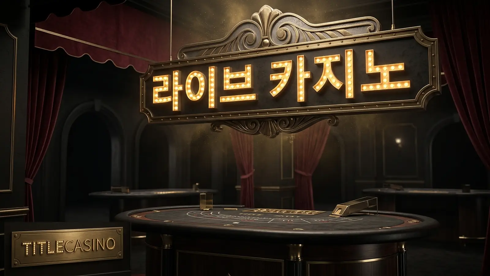 딜러 앞 바카라 레이아웃과 전구 조명이 어우러진 라이브 카지노 테이블 장면, 펠트에 영문 로고가 각인된 모습