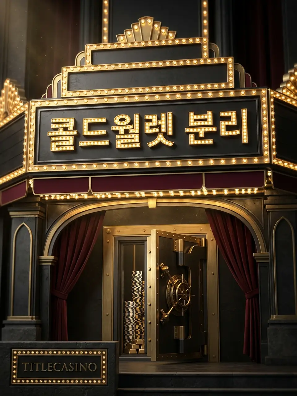 전구 조명 아래 콜드월렛 분리 보관을 상징하는 금고와 준비금 비율이 표시된 비주얼, 금고 표면에 영문 로고가 새겨진 모습