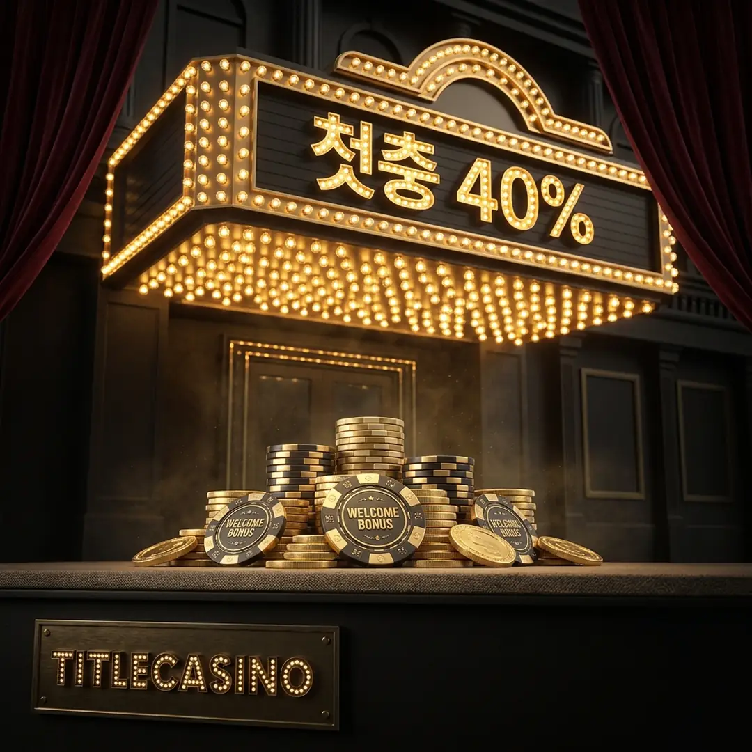 전구 간판에 가입첫충 40% 문구가 표시되고 웰컴 보너스 칩이 쌓인 비주얼, 패널에 영문 로고가 통합된 장면