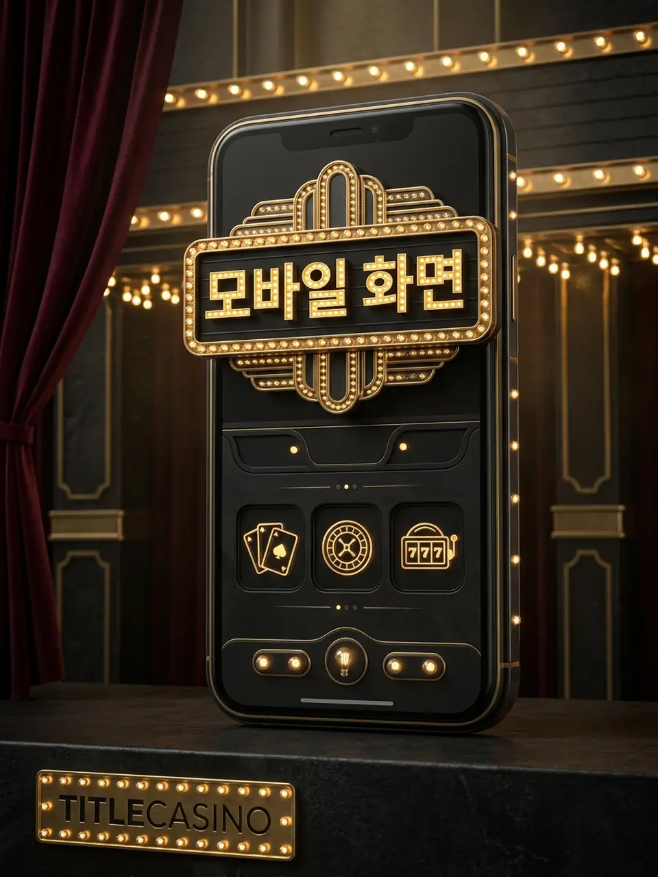 세로 단말에 라이브 테이블과 메뉴가 표시된 모바일 게임 화면, 하단에 영문 로고가 배치된 세로 비주얼
