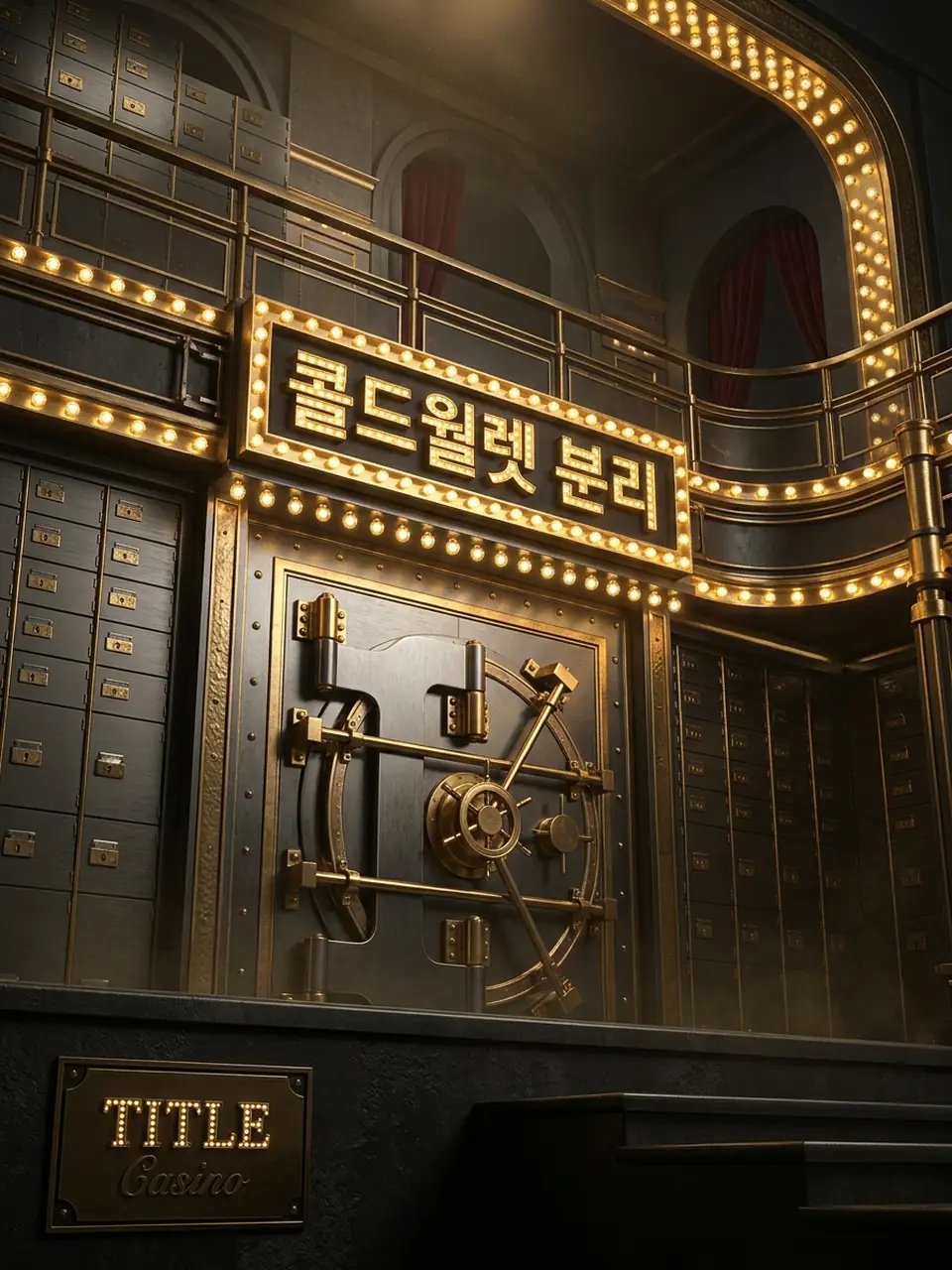 전구 조명 아래 콜드월렛 분리 보관을 상징하는 은행 금고실 비주얼, 금고 표면에 영문 로고가 새겨진 세로 장면