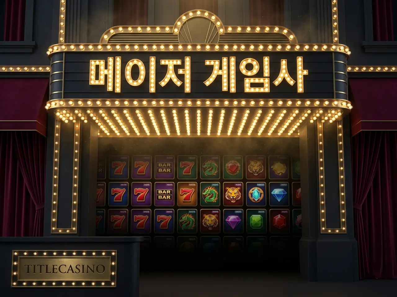 여러 슬롯 릴이 전구 간판 아래 늘어선 라인업 비주얼, 캐비닛 표면에 영문 로고가 새겨진 장면