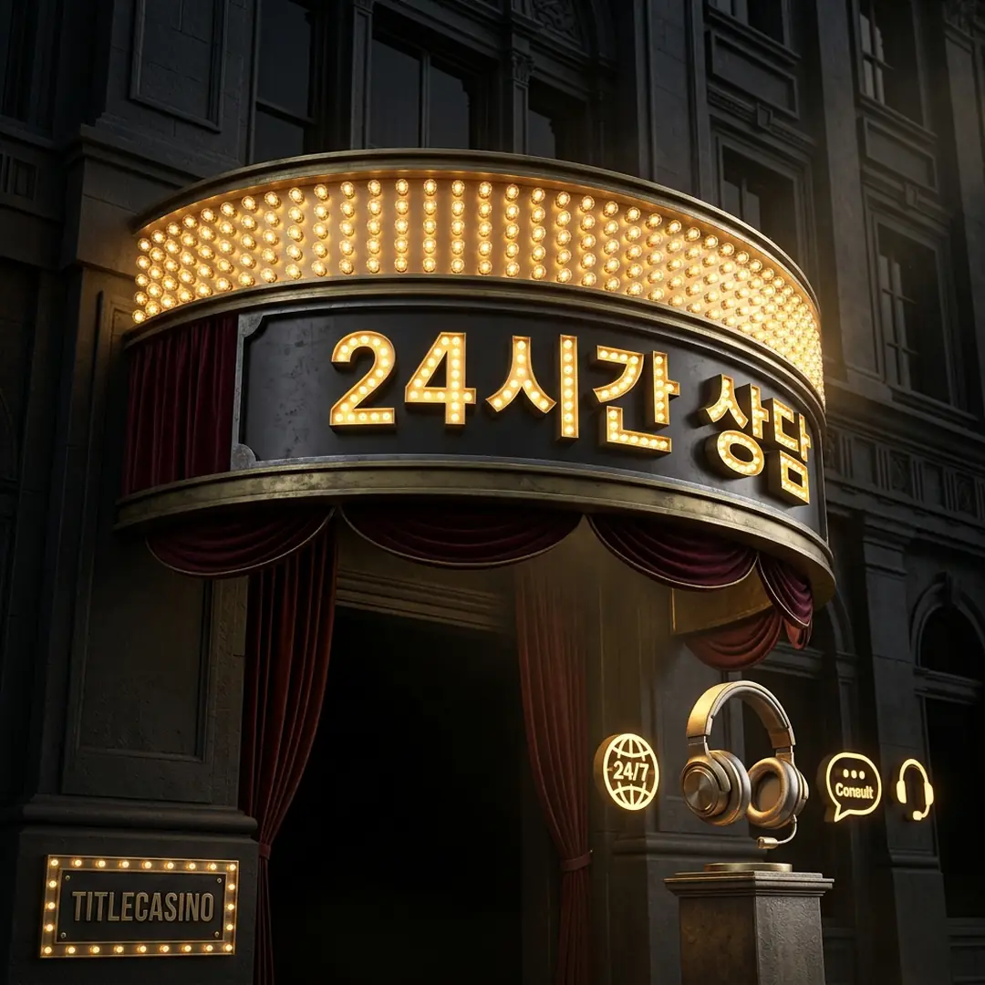 헤드셋과 24시간 상담 아이콘이 전구 조명 아래 표현된 고객 지원 비주얼, 벽면에 영문 로고가 보이는 장면