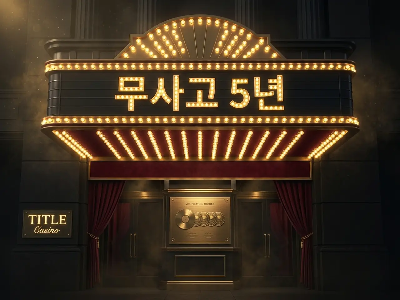 무사고 5년을 상징하는 연속 인장과 검증 기록이 전구 조명 아래 표현된 비주얼, 좌하단에 영문 로고가 보이는 장면